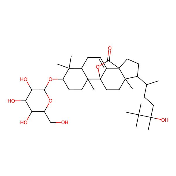2D Structure of 15-(5-Hydroxy-5,6,6-trimethylheptan-2-yl)-6,6,10,14-tetramethyl-7-[3,4,5-trihydroxy-6-(hydroxymethyl)oxan-2-yl]oxy-19-oxapentacyclo[9.6.2.01,14.02,11.05,10]nonadec-2-en-18-one