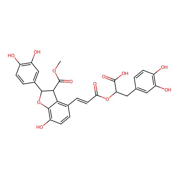 2D Structure of (2R)-3-(3,4-dihydroxyphenyl)-2-[(E)-3-[(2R,3R)-2-(3,4-dihydroxyphenyl)-7-hydroxy-3-methoxycarbonyl-2,3-dihydro-1-benzofuran-4-yl]prop-2-enoyl]oxypropanoic acid
