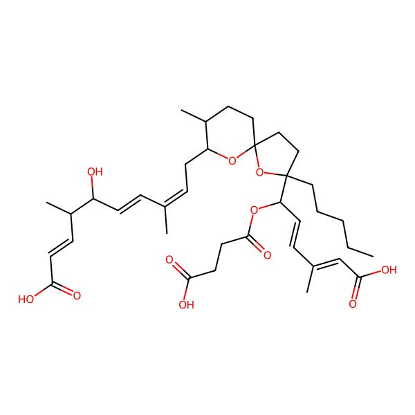 2D Structure of 10-[2-[5-Carboxy-1-(3-carboxypropanoyloxy)-4-methylpenta-2,4-dienyl]-8-methyl-2-pentyl-1,10-dioxaspiro[4.5]decan-9-yl]-5-hydroxy-4,8-dimethyldeca-2,6,8-trienoic acid