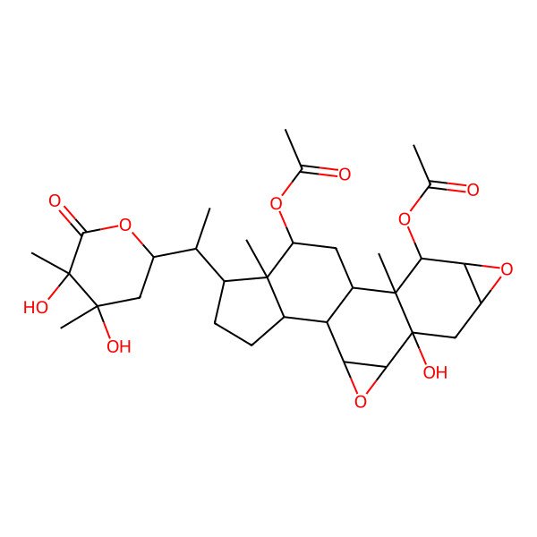 2D Structure of [10-Acetyloxy-16-[1-(4,5-dihydroxy-4,5-dimethyl-6-oxooxan-2-yl)ethyl]-5-hydroxy-11,15-dimethyl-3,8-dioxahexacyclo[10.7.0.02,4.05,11.07,9.015,19]nonadecan-14-yl] acetate