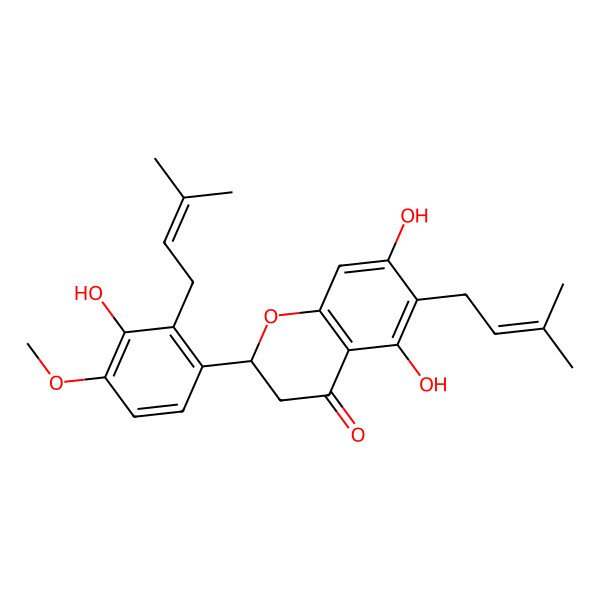 2D Structure of (2S)-5,7-dihydroxy-2-[3-hydroxy-4-methoxy-2-(3-methylbut-2-enyl)phenyl]-6-(3-methylbut-2-enyl)-2,3-dihydrochromen-4-one