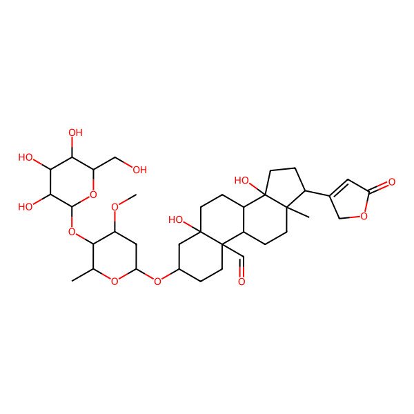 2D Structure of (3S,5S,8R,9S,10S,13R,14S,17R)-5,14-dihydroxy-3-[(2R,4R,5S,6R)-4-methoxy-6-methyl-5-[(2R,3S,4R,5R,6S)-3,4,5-trihydroxy-6-(hydroxymethyl)oxan-2-yl]oxyoxan-2-yl]oxy-13-methyl-17-(5-oxo-2H-furan-3-yl)-2,3,4,6,7,8,9,11,12,15,16,17-dodecahydro-1H-cyclopenta[a]phenanthrene-10-carbaldehyde