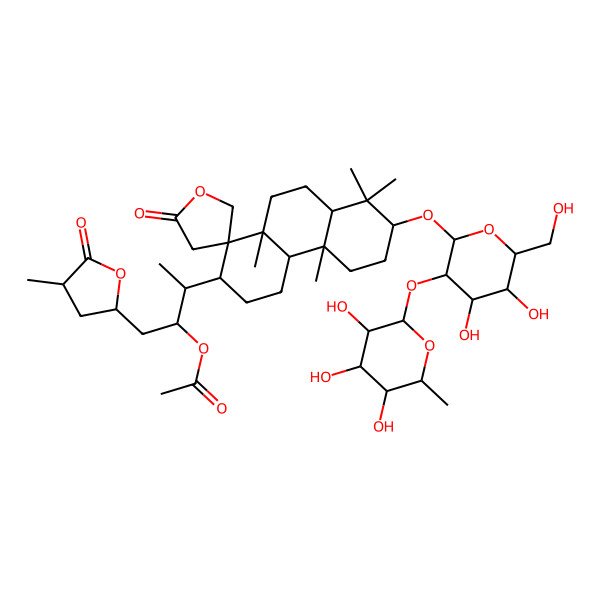 2D Structure of [(2S,3R)-3-[(1S,2R,4aR,4bR,7S,8aS,10aR)-7-[(2R,3R,4S,5S,6R)-4,5-dihydroxy-6-(hydroxymethyl)-3-[(2S,3R,4R,5R,6S)-3,4,5-trihydroxy-6-methyloxan-2-yl]oxyoxan-2-yl]oxy-4b,8,8,10a-tetramethyl-2'-oxospiro[2,3,4,4a,5,6,7,8a,9,10-decahydrophenanthrene-1,4'-oxolane]-2-yl]-1-[(2S,4R)-4-methyl-5-oxooxolan-2-yl]butan-2-yl] acetate