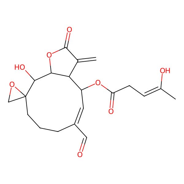 2D Structure of [(3aR,4R,5E,10R,11R,11aS)-6-formyl-11-hydroxy-3-methylidene-2-oxospiro[4,7,8,9,11,11a-hexahydro-3aH-cyclodeca[b]furan-10,2'-oxirane]-4-yl] (Z)-4-hydroxypent-3-enoate