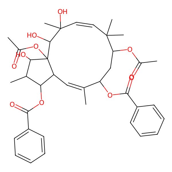 2D Structure of [(1S,2S,3S,3aS,4R,5S,6E,9S,11R,13aS)-3a,9-diacetyloxy-1-benzoyloxy-3,4,5-trihydroxy-2,5,8,8,12-pentamethyl-1,2,3,4,9,10,11,13a-octahydrocyclopenta[12]annulen-11-yl] benzoate