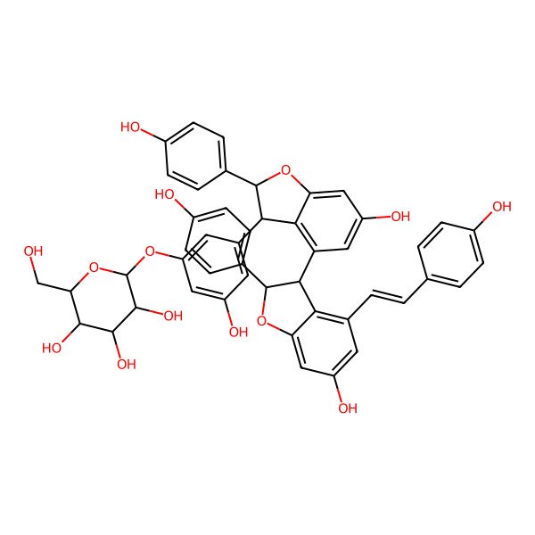 2D Structure of (2S,3R,4S,5S,6R)-2-[3-hydroxy-5-[(2R,3R)-6-hydroxy-4-[(2S,3S)-6-hydroxy-2-(4-hydroxyphenyl)-4-[(Z)-2-(4-hydroxyphenyl)ethenyl]-2,3-dihydro-1-benzofuran-3-yl]-2-(4-hydroxyphenyl)-2,3-dihydro-1-benzofuran-3-yl]phenoxy]-6-(hydroxymethyl)oxane-3,4,5-triol