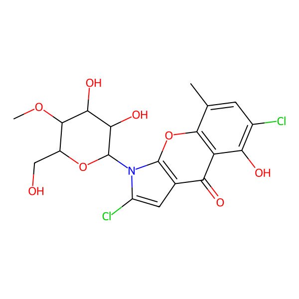 2D Structure of 2,6-Dichloro-1-[3,4-dihydroxy-6-(hydroxymethyl)-5-methoxyoxan-2-yl]-5-hydroxy-8-methylchromeno[2,3-b]pyrrol-4-one