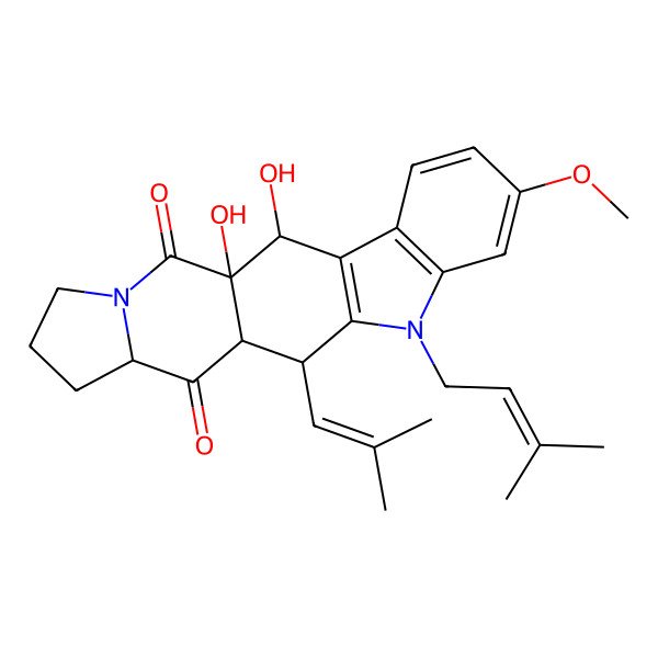 2D Structure of (1R,2S,12R,13R,15S)-1,2-dihydroxy-7-methoxy-10-(3-methylbut-2-enyl)-12-(2-methylprop-1-enyl)-10,19-diazapentacyclo[11.7.0.03,11.04,9.015,19]icosa-3(11),4(9),5,7-tetraene-14,20-dione