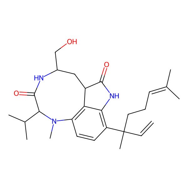 2D Structure of 5-(3,7-Dimethylocta-1,6-dien-3-yl)-13-(hydroxymethyl)-9-methyl-10-propan-2-yl-3,9,12-triazatricyclo[6.6.1.04,15]pentadeca-4,6,8(15)-triene-2,11-dione