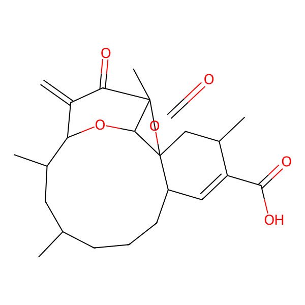 2D Structure of 1,5,11,13-Tetramethyl-16-methylidene-2,17-dioxo-1,4,5,7a,8,9,10,11,12,13,14,15a-dodecahydro-2h-1,14-ethanofuro[2,3-o][2]benzoxacycloundecine-6-carboxylic acid