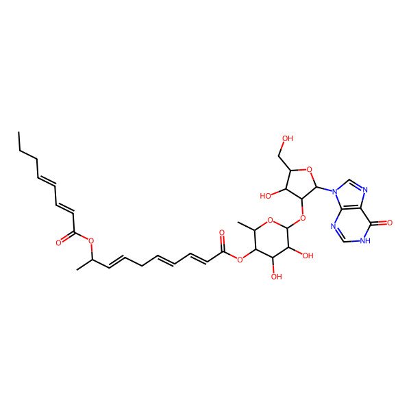 2D Structure of [(2S,3S,4S,5S,6S)-4,5-dihydroxy-6-[(2R,3R,4R,5R)-4-hydroxy-5-(hydroxymethyl)-2-(6-oxo-1H-purin-9-yl)oxolan-3-yl]oxy-2-methyloxan-3-yl] (2E,4E,7Z,9S)-9-[(2E,4Z)-octa-2,4-dienoyl]oxydeca-2,4,7-trienoate
