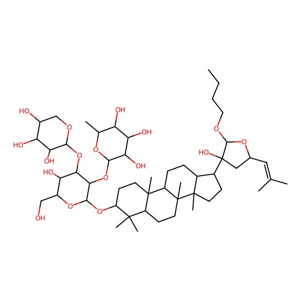 2D Structure of (2S,3R,4R,5R,6S)-2-[(2R,3R,4S,5R,6R)-2-[[(3S,5R,8R,9R,10R,13R,14R,17S)-17-[(2R,3S,5S)-2-butoxy-3-hydroxy-5-(2-methylprop-1-enyl)oxolan-3-yl]-4,4,8,10,14-pentamethyl-2,3,5,6,7,9,11,12,13,15,16,17-dodecahydro-1H-cyclopenta[a]phenanthren-3-yl]oxy]-5-hydroxy-6-(hydroxymethyl)-4-[(2S,3R,4S,5R)-3,4,5-trihydroxyoxan-2-yl]oxyoxan-3-yl]oxy-6-methyloxane-3,4,5-triol
