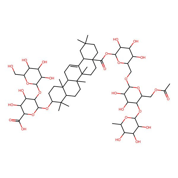2D Structure of (2S,3S,4S,5R,6R)-6-[[(3S,4aR,6aR,6bS,8aS,12aS,14aR,14bR)-8a-[(2S,3R,4S,5S,6R)-6-[[(2R,3R,4R,5S,6R)-6-(acetyloxymethyl)-3,4-dihydroxy-5-[(2S,3R,4R,5R,6S)-3,4,5-trihydroxy-6-methyloxan-2-yl]oxyoxan-2-yl]oxymethyl]-3,4,5-trihydroxyoxan-2-yl]oxycarbonyl-4,4,6a,6b,11,11,14b-heptamethyl-1,2,3,4a,5,6,7,8,9,10,12,12a,14,14a-tetradecahydropicen-3-yl]oxy]-3,4-dihydroxy-5-[(2S,3R,4S,5S,6R)-3,4,5-trihydroxy-6-(hydroxymethyl)oxan-2-yl]oxyoxane-2-carboxylic acid