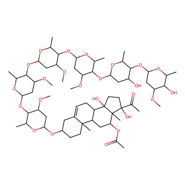 2D Structure of [17-acetyl-14,17-dihydroxy-3-[5-[5-[5-[5-[4-hydroxy-5-(5-hydroxy-4-methoxy-6-methyloxan-2-yl)oxy-6-methyloxan-2-yl]oxy-4-methoxy-6-methyloxan-2-yl]oxy-4-methoxy-6-methyloxan-2-yl]oxy-4-methoxy-6-methyloxan-2-yl]oxy-4-methoxy-6-methyloxan-2-yl]oxy-10,13-dimethyl-2,3,4,7,8,9,11,12,15,16-decahydro-1H-cyclopenta[a]phenanthren-12-yl] acetate