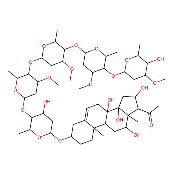 2D Structure of 1-[(3S,8S,9R,10R,12R,13S,14R,16R,17R)-8,12,14,16-tetrahydroxy-3-[(2R,4R,5S,6R)-4-hydroxy-5-[(2S,4R,5R,6R)-5-[(2S,4R,5R,6R)-5-[(2S,4S,5R,6R)-5-[(2S,4R,5R,6R)-5-hydroxy-4-methoxy-6-methyloxan-2-yl]oxy-4-methoxy-6-methyloxan-2-yl]oxy-4-methoxy-6-methyloxan-2-yl]oxy-4-methoxy-6-methyloxan-2-yl]oxy-6-methyloxan-2-yl]oxy-10,13-dimethyl-2,3,4,7,9,11,12,15,16,17-decahydro-1H-cyclopenta[a]phenanthren-17-yl]ethanone