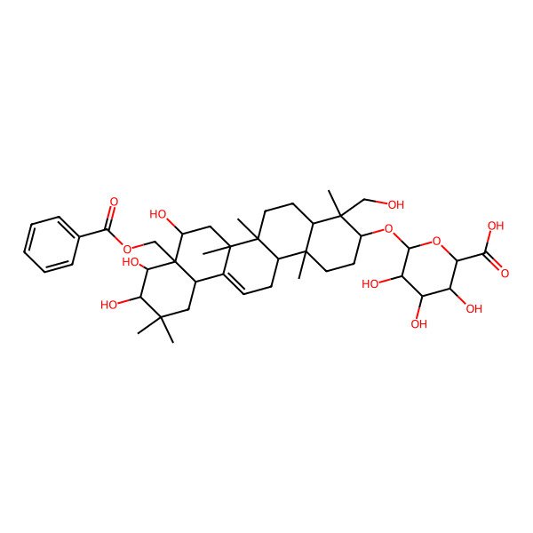 2D Structure of 6-[[8a-(Benzoyloxymethyl)-8,9,10-trihydroxy-4-(hydroxymethyl)-4,6a,6b,11,11,14b-hexamethyl-1,2,3,4a,5,6,7,8,9,10,12,12a,14,14a-tetradecahydropicen-3-yl]oxy]-3,4,5-trihydroxyoxane-2-carboxylic acid