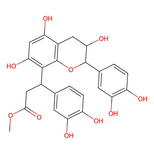 2D Structure of methyl (3R)-3-(3,4-dihydroxyphenyl)-3-[(2R,3S)-2-(3,4-dihydroxyphenyl)-3,5,7-trihydroxy-3,4-dihydro-2H-chromen-8-yl]propanoate