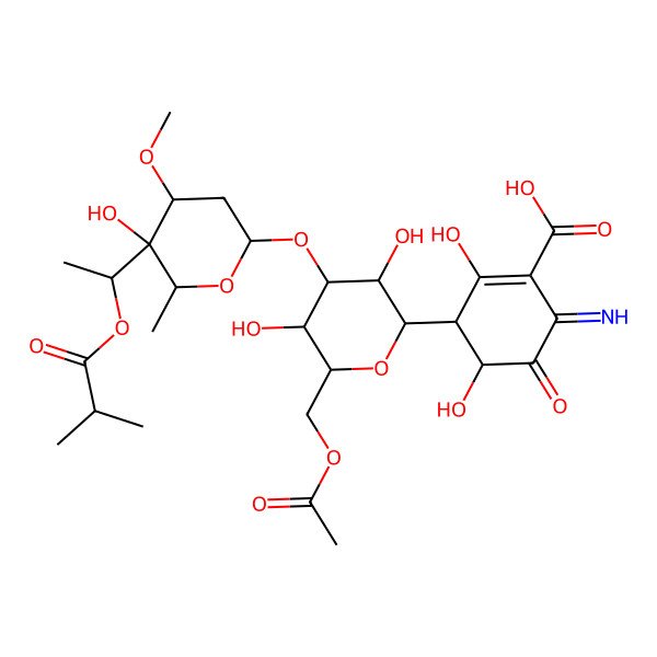 2D Structure of (3S,4S)-3-[(2R,3R,4R,5S,6S)-6-(acetyloxymethyl)-3,5-dihydroxy-4-[(2R,4R,5R,6R)-5-hydroxy-4-methoxy-6-methyl-5-[(1R)-1-(2-methylpropanoyloxy)ethyl]oxan-2-yl]oxyoxan-2-yl]-2,4-dihydroxy-6-imino-5-oxocyclohexene-1-carboxylic acid