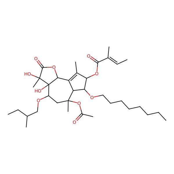 2D Structure of [(3S,3aR,4S,6S,6aR,7S,8S,9bS)-6-acetyloxy-3,3a-dihydroxy-3,6,9-trimethyl-4-(2-methylbutoxy)-7-octoxy-2-oxo-4,5,6a,7,8,9b-hexahydroazuleno[4,5-b]furan-8-yl] (Z)-2-methylbut-2-enoate