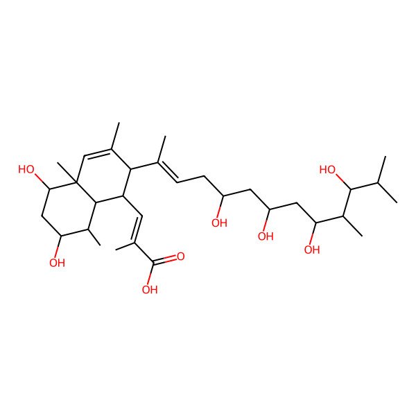 2D Structure of (E)-3-[(1S,2S,4aS,5R,7S,8S,8aR)-5,7-dihydroxy-3,4a,8-trimethyl-2-[(E,5R,7S,9S,11S)-5,7,9,11-tetrahydroxy-10,12-dimethyltridec-2-en-2-yl]-2,5,6,7,8,8a-hexahydro-1H-naphthalen-1-yl]-2-methylprop-2-enoic acid