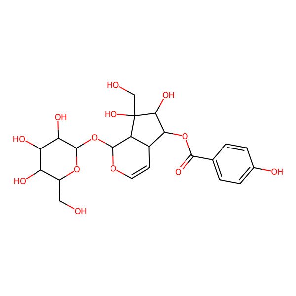 2D Structure of [(1S,4aR,5S,6R,7S,7aS)-6,7-dihydroxy-7-(hydroxymethyl)-1-[(2S,3R,4S,5S,6R)-3,4,5-trihydroxy-6-(hydroxymethyl)oxan-2-yl]oxy-4a,5,6,7a-tetrahydro-1H-cyclopenta[c]pyran-5-yl] 4-hydroxybenzoate