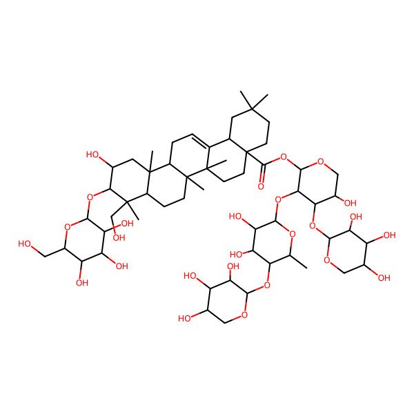 2D Structure of [(2S,3R,4S,5S)-3-[(2S,3R,4S,5R,6S)-3,4-dihydroxy-6-methyl-5-[(2S,3R,4S,5R)-3,4,5-trihydroxyoxan-2-yl]oxyoxan-2-yl]oxy-5-hydroxy-4-[(2S,3R,4S,5S)-3,4,5-trihydroxyoxan-2-yl]oxyoxan-2-yl] (4aS,6aR,6aS,6bR,8aR,9R,10R,11S,12aR,14bS)-11-hydroxy-9-(hydroxymethyl)-2,2,6a,6b,9,12a-hexamethyl-10-[(2R,3R,4S,5S,6R)-3,4,5-trihydroxy-6-(hydroxymethyl)oxan-2-yl]oxy-1,3,4,5,6,6a,7,8,8a,10,11,12,13,14b-tetradecahydropicene-4a-carboxylate