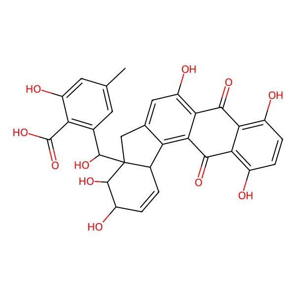 2D Structure of 2-[(S)-[(8aR,9S,10R,12aR)-1,4,6,9,10-pentahydroxy-5,13-dioxo-8,9,10,12a-tetrahydroindeno[1,2-a]anthracen-8a-yl]-hydroxymethyl]-6-hydroxy-4-methylbenzoic acid