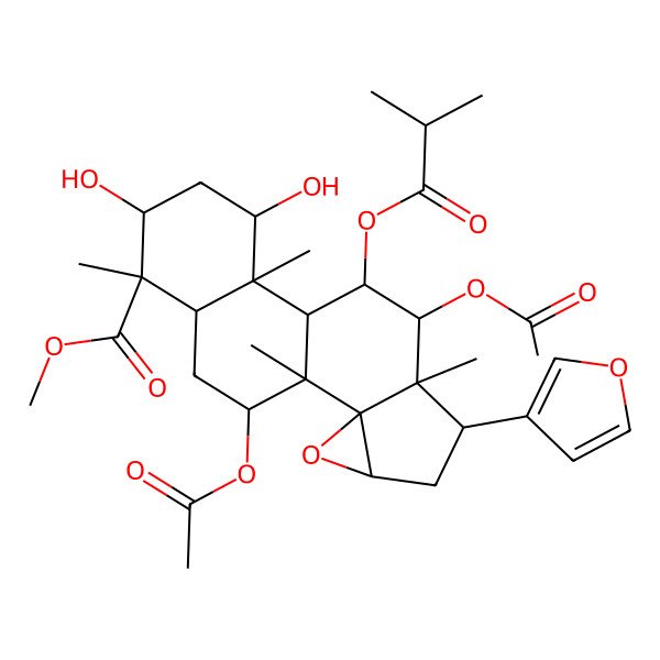 2D Structure of methyl (1S,2R,4S,6S,7R,8R,9R,10R,11S,12S,14R,15S,16R,18R)-8,18-diacetyloxy-6-(furan-3-yl)-12,14-dihydroxy-1,7,11,15-tetramethyl-9-(2-methylpropanoyloxy)-3-oxapentacyclo[8.8.0.02,4.02,7.011,16]octadecane-15-carboxylate