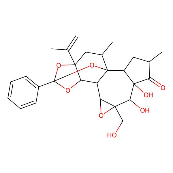 2D Structure of (1R,2S,4S,6S,7S,8R,10S,11R,12R,14S,16R,18R)-6,7-dihydroxy-8-(hydroxymethyl)-4,18-dimethyl-14-phenyl-16-prop-1-en-2-yl-9,13,15,19-tetraoxahexacyclo[12.4.1.01,11.02,6.08,10.012,16]nonadecan-5-one