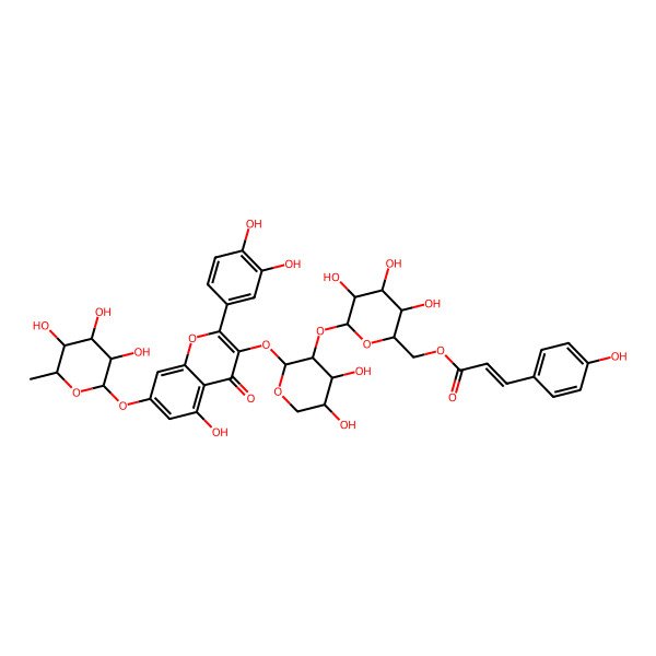 2D Structure of [(2R,3S,4S,5R,6S)-6-[(2S,3R,4S,5R)-2-[2-(3,4-dihydroxyphenyl)-5-hydroxy-4-oxo-7-[(2S,3R,4R,5R,6S)-3,4,5-trihydroxy-6-methyloxan-2-yl]oxychromen-3-yl]oxy-4,5-dihydroxyoxan-3-yl]oxy-3,4,5-trihydroxyoxan-2-yl]methyl (E)-3-(4-hydroxyphenyl)prop-2-enoate