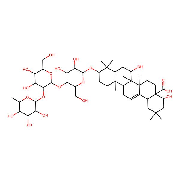 2D Structure of (4R,4aS,6aR,6aR,6bR,7S,8aR,10S,12aS,14bS)-10-[(2R,3R,4R,5S,6R)-5-[(2S,3R,4S,5S,6R)-4,5-dihydroxy-6-(hydroxymethyl)-3-[(2S,3R,4R,5R,6S)-3,4,5-trihydroxy-6-methyloxan-2-yl]oxyoxan-2-yl]oxy-3,4-dihydroxy-6-(hydroxymethyl)oxan-2-yl]oxy-4,7-dihydroxy-2,2,6a,6b,9,9,12a-heptamethyl-1,3,4,5,6,6a,7,8,8a,10,11,12,13,14b-tetradecahydropicene-4a-carboxylic acid