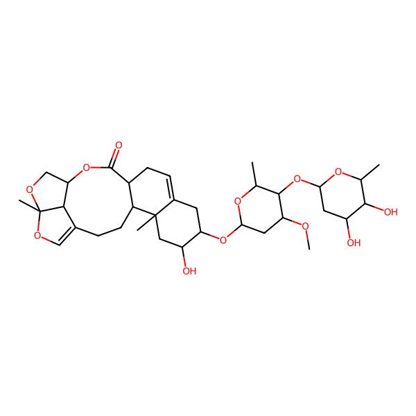 2D Structure of 8-[5-(4,5-Dihydroxy-6-methyloxan-2-yl)oxy-4-methoxy-6-methyloxan-2-yl]oxy-7-hydroxy-5,19-dimethyl-15,18,20-trioxapentacyclo[14.5.1.04,13.05,10.019,22]docosa-1(21),10-dien-14-one