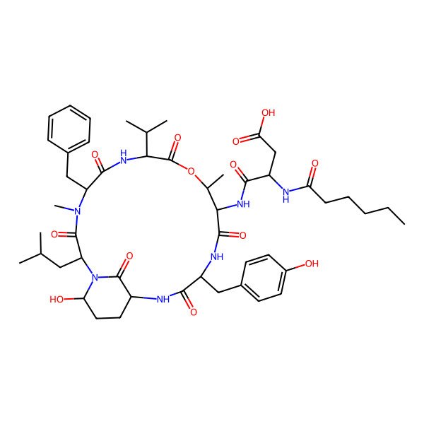2D Structure of 4-[[5-Benzyl-21-hydroxy-15-[(4-hydroxyphenyl)methyl]-4,11-dimethyl-2-(2-methylpropyl)-3,6,9,13,16,22-hexaoxo-8-propan-2-yl-10-oxa-1,4,7,14,17-pentazabicyclo[16.3.1]docosan-12-yl]amino]-3-(hexanoylamino)-4-oxobutanoic acid