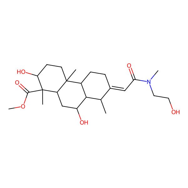 2D Structure of methyl (1R,2S,4aR,4bS,7E,8R,8aS,9S,10aR)-2,9-dihydroxy-7-[2-[2-hydroxyethyl(methyl)amino]-2-oxoethylidene]-1,4a,8-trimethyl-3,4,4b,5,6,8,8a,9,10,10a-decahydro-2H-phenanthrene-1-carboxylate