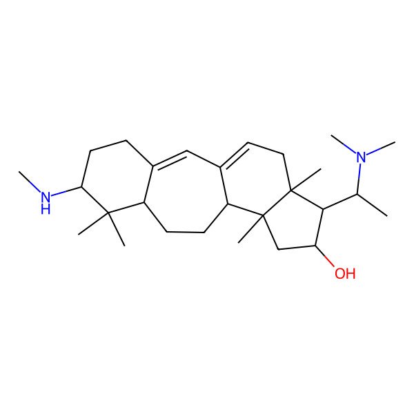 2D Structure of 15-[1-(Dimethylamino)ethyl]-7,7,12,16-tetramethyl-6-(methylamino)tetracyclo[9.7.0.03,8.012,16]octadeca-1(18),2-dien-14-ol