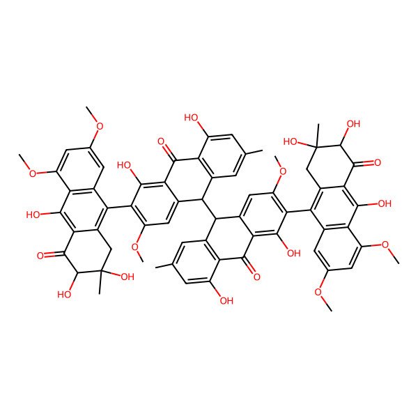 2D Structure of 10-[4,5-dihydroxy-2-methoxy-7-methyl-10-oxo-3-(2,3,10-trihydroxy-5,7-dimethoxy-2-methyl-4-oxo-1,3-dihydroanthracen-9-yl)-9H-anthracen-9-yl]-1,8-dihydroxy-3-methoxy-6-methyl-2-(2,3,10-trihydroxy-5,7-dimethoxy-2-methyl-4-oxo-1,3-dihydroanthracen-9-yl)-10H-anthracen-9-one