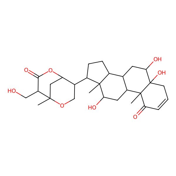 2D Structure of 4-(hydroxymethyl)-5-methyl-8-(5,6,12-trihydroxy-10,13-dimethyl-1-oxo-6,7,8,9,11,12,14,15,16,17-decahydro-4H-cyclopenta[a]phenanthren-17-yl)-2,6-dioxabicyclo[3.3.1]nonan-3-one