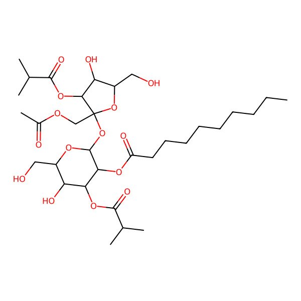 2D Structure of [(2R,3R,4S,5R,6R)-2-[(2S,3S,4R,5R)-2-(acetyloxymethyl)-4-hydroxy-5-(hydroxymethyl)-3-(2-methylpropanoyloxy)oxolan-2-yl]oxy-5-hydroxy-6-(hydroxymethyl)-4-(2-methylpropanoyloxy)oxan-3-yl] decanoate