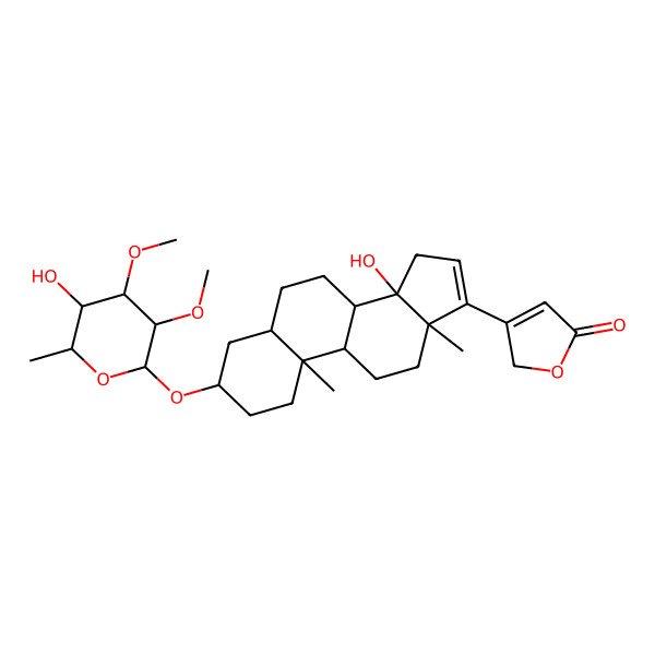 2D Structure of 3-[14-hydroxy-3-(5-hydroxy-3,4-dimethoxy-6-methyloxan-2-yl)oxy-10,13-dimethyl-1,2,3,4,5,6,7,8,9,11,12,15-dodecahydrocyclopenta[a]phenanthren-17-yl]-2H-furan-5-one