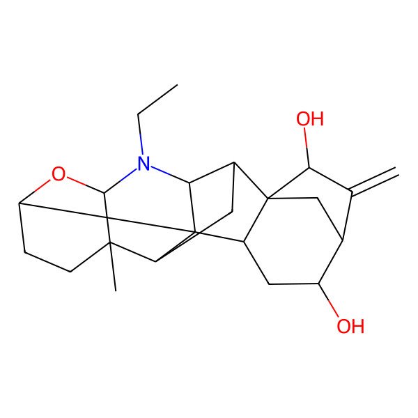 2D Structure of (1R,2R,4S,5R,8S,10R,12S,13S,14R,16R,17R,19R)-11-ethyl-5-methyl-18-methylidene-9-oxa-11-azaheptacyclo[15.2.1.01,14.02,12.04,13.05,10.08,13]icosane-16,19-diol