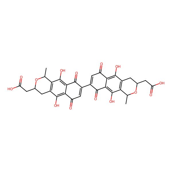 2D Structure of 2-[(1R,3S)-8-[(1R,3S)-3-(carboxymethyl)-5,10-dihydroxy-1-methyl-6,9-dioxo-3,4-dihydro-1H-benzo[g]isochromen-8-yl]-5,10-dihydroxy-1-methyl-6,9-dioxo-3,4-dihydro-1H-benzo[g]isochromen-3-yl]acetic acid