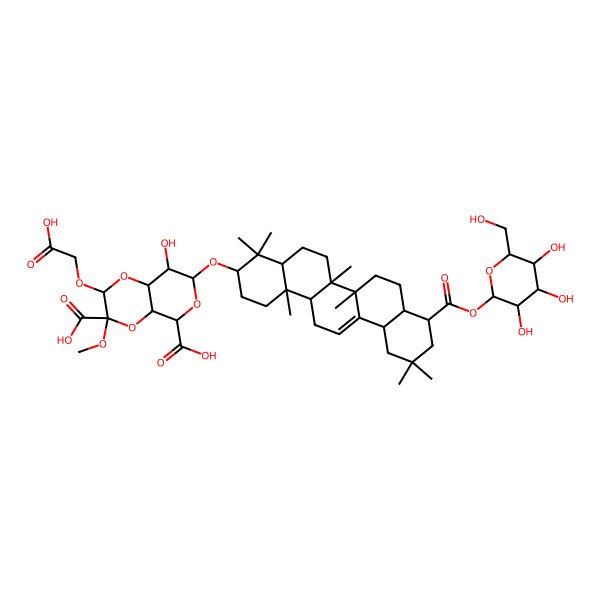 2D Structure of 7-[[4,4,6a,6b,11,11,14b-heptamethyl-9-[3,4,5-trihydroxy-6-(hydroxymethyl)oxan-2-yl]oxycarbonyl-2,3,4a,5,6,7,8,8a,9,10,12,12a,14,14a-tetradecahydro-1H-picen-3-yl]oxy]-2-(carboxymethoxy)-8-hydroxy-3-methoxy-2,4a,5,7,8,8a-hexahydropyrano[3,4-b][1,4]dioxine-3,5-dicarboxylic acid