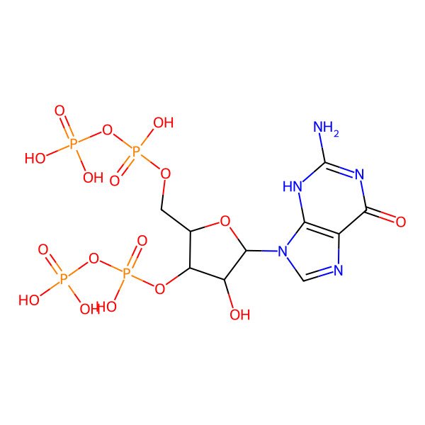 2D Structure of [(2R,3S,4R,5R)-5-(2-amino-6-oxo-3H-purin-9-yl)-4-hydroxy-2-[[hydroxy(phosphonooxy)phosphoryl]oxymethyl]oxolan-3-yl] phosphono hydrogen phosphate
