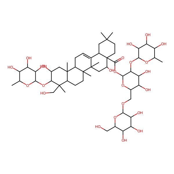 2D Structure of [(2R,3R,4S,5R,6S)-4,5-dihydroxy-6-[[(2S,3S,4R,5S,6S)-3,4,5-trihydroxy-6-(hydroxymethyl)oxan-2-yl]oxymethyl]-3-[(2S,3S,4S,5S,6S)-3,4,5-trihydroxy-6-methyloxan-2-yl]oxyoxan-2-yl] (4aS,5S,6aS,6aR,6bS,8aR,9R,10R,11R,12aS,14bR)-5,11-dihydroxy-9-(hydroxymethyl)-2,2,6a,6b,9,12a-hexamethyl-10-[(2R,3R,4R,5R,6R)-3,4,5-trihydroxy-6-methyloxan-2-yl]oxy-1,3,4,5,6,6a,7,8,8a,10,11,12,13,14b-tetradecahydropicene-4a-carboxylate