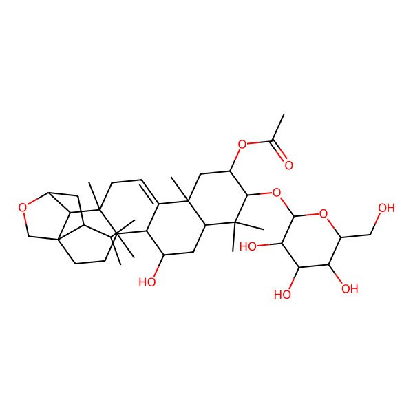 2D Structure of [(1R,4S,5S,6S,8R,10R,11R,13S,17R,18S,19S,22S)-6-hydroxy-4,9,9,13,17-pentamethyl-22-propan-2-yl-10-[(2R,3R,4S,5S,6R)-3,4,5-trihydroxy-6-(hydroxymethyl)oxan-2-yl]oxy-20-oxahexacyclo[17.2.2.01,18.04,17.05,14.08,13]tricos-14-en-11-yl] acetate