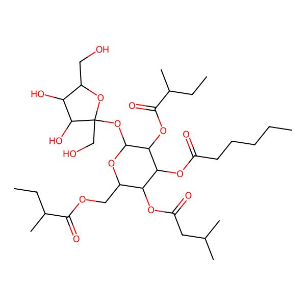 2D Structure of [(2R,3R,4S,5R,6R)-2-[(2S,3S,4S,5R)-3,4-dihydroxy-2,5-bis(hydroxymethyl)oxolan-2-yl]oxy-3-[(2R)-2-methylbutanoyl]oxy-5-(3-methylbutanoyloxy)-6-[[(2R)-2-methylbutanoyl]oxymethyl]oxan-4-yl] hexanoate