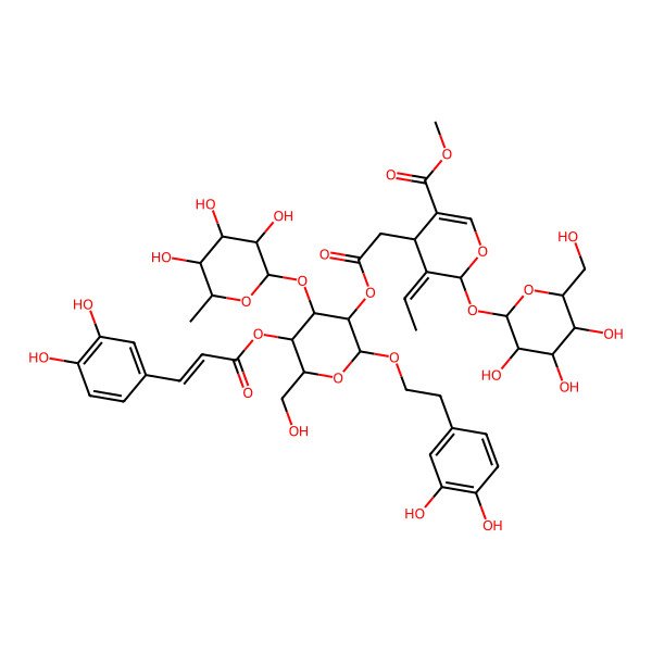 2D Structure of methyl 4-[2-[2-[2-(3,4-dihydroxyphenyl)ethoxy]-5-[3-(3,4-dihydroxyphenyl)prop-2-enoyloxy]-6-(hydroxymethyl)-4-(3,4,5-trihydroxy-6-methyloxan-2-yl)oxyoxan-3-yl]oxy-2-oxoethyl]-5-ethylidene-6-[3,4,5-trihydroxy-6-(hydroxymethyl)oxan-2-yl]oxy-4H-pyran-3-carboxylate