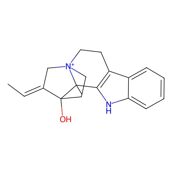 2D Structure of (1S,13S,14S,15E)-15-ethylidene-13-methyl-11-aza-1-azoniapentacyclo[12.2.2.01,13.04,12.05,10]octadeca-4(12),5,7,9-tetraen-14-ol