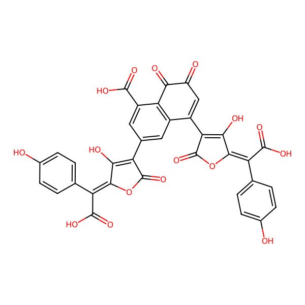 2D Structure of 3,5-bis[(5E)-5-[carboxy-(4-hydroxyphenyl)methylidene]-4-hydroxy-2-oxofuran-3-yl]-7,8-dioxonaphthalene-1-carboxylic acid