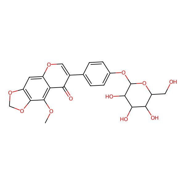2D Structure of 9-methoxy-7-[4-[(2S,3S,4S,5S,6R)-3,4,5-trihydroxy-6-(hydroxymethyl)oxan-2-yl]oxyphenyl]-[1,3]dioxolo[4,5-g]chromen-8-one